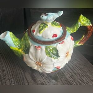Cracker Barrel White Floral Ceramic Teapot with Blue Bird